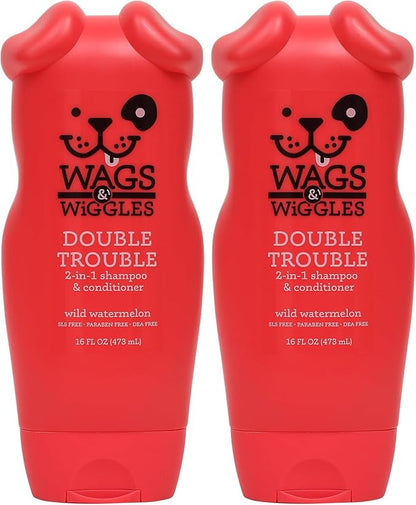 Wags & Wiggles Double Trouble 2-in-1 Dog Shampoo & Conditioner | Cleansing and Nourishing Shampoo and Conditioner for Dogs | Fruity Watermelon Scent, 16 Ounces (Pack of 2)