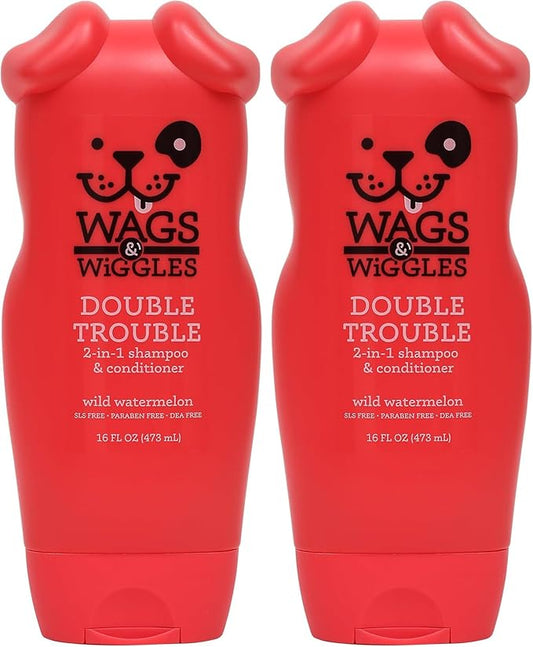 Wags & Wiggles Double Trouble 2-in-1 Dog Shampoo & Conditioner | Cleansing and Nourishing Shampoo and Conditioner for Dogs | Fruity Watermelon Scent, 16 Ounces (Pack of 2)