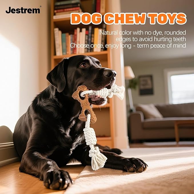 Dog Rope Toy for Aggressive Chewers, Tug and Teething Toy with Natural Cotton Rope and Wood-Plastic Bone, Durable Chew Toy for Medium to Large Dogs 20-60lb