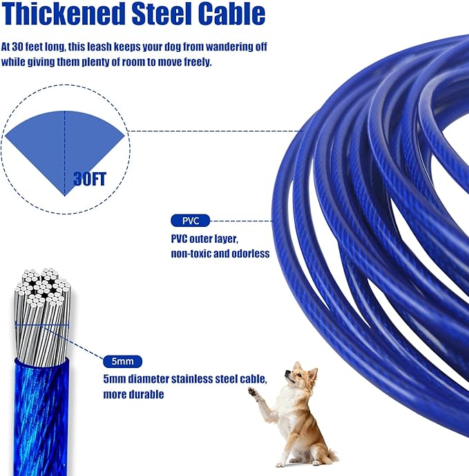 Dog Tie-Out Cable and Stake, 30 FT Heavy Duty Dogs Lead Cable with Detachable Shock Spring, Ideal for Yard, Camping and Beach, Suitable for Small Medium Large