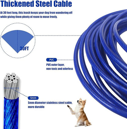 Dog Tie-Out Cable and Stake, 30 FT Heavy Duty Dogs Lead Cable with Detachable Shock Spring, Ideal for Yard, Camping and Beach, Suitable for Small Medium Large