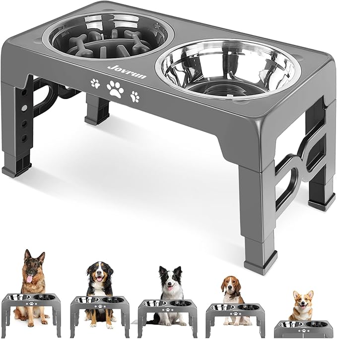 Elevated Dog Bowls for Medium Large Size Dogs, Non-Slip Dog Feeder with 1*Stainless Steel Dishes & 1*Slow Feeder Bowl, 5 Heights Adjustable Raised Bowls to 3.15″-8.66″-9.84″-11.02″-12.2″
