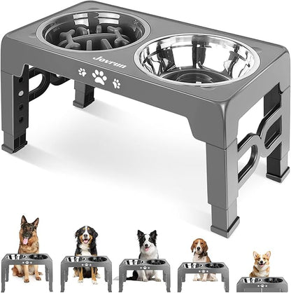 Elevated Dog Bowls for Medium Large Size Dogs, Non-Slip Dog Feeder with 1*Stainless Steel Dishes & 1*Slow Feeder Bowl, 5 Heights Adjustable Raised Bowls to 3.15″-8.66″-9.84″-11.02″-12.2″