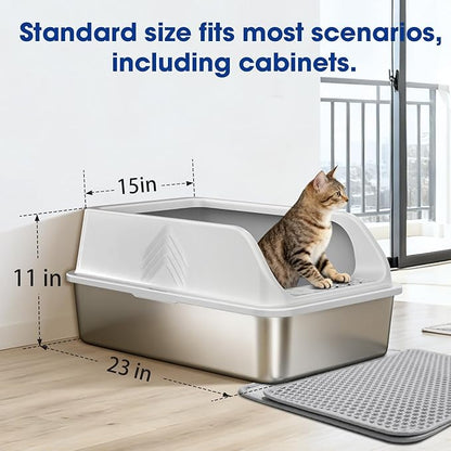 Stainless Steel Litter Box with Lid Enclosed XL High Sided Metal Litter Boxes for Big Cat and Multiple Cats, Anti-Urine Leakage | Non-Stick & Includes Cat Mat and Scoop