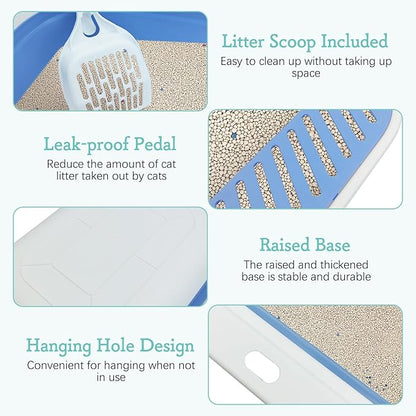 Fhiny Kitten Litter Box Portable Shallow Litter Box 17.7"x13.4"x4.9" Foldable Cat Toilet with Scoop Open Kitty Potty Pan with Litter Drop Pedal Easy to Clean Travel Kitten Toilet(Blue)