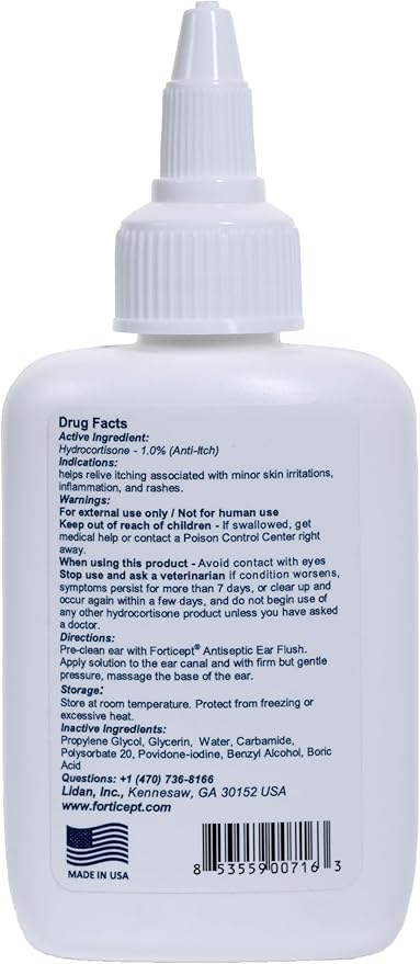 Forticept Dog and Cat Ear Infection Treatment, Dog Ear Drops with 1% Hydrocortisone 2 oz