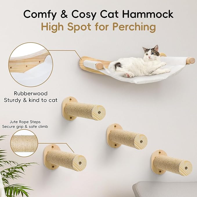 Cat Wall Hammock & Steps Set - Wall Mounted, 21 * 18 in for Large Cats - Screw-in Climbing Play Set