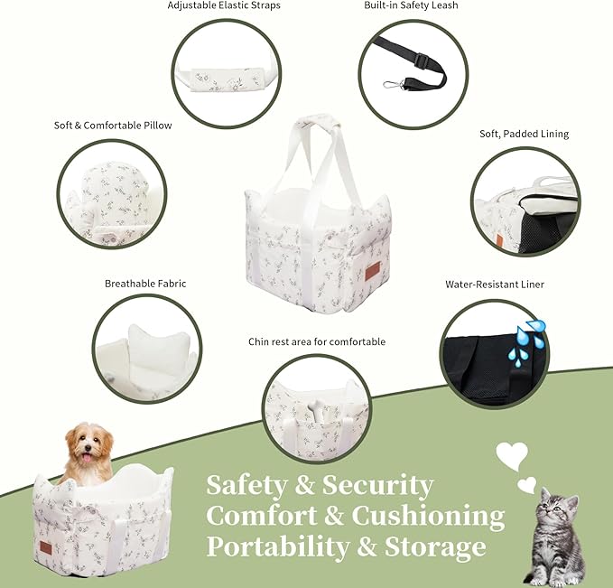 Cullaby Center Console Small Dog Car Seat Portable Puppy Booster Armrest Carseat, Anti-Collapse Comfort Car Travel with Washable Fluffy Cushion and Pillow (Off White, Extar Small armrest lid)