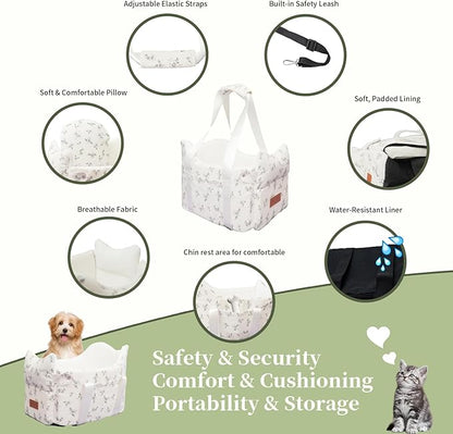 Cullaby Center Console Small Dog Car Seat Portable Puppy Booster Armrest Carseat, Anti-Collapse Comfort Car Travel with Washable Fluffy Cushion and Pillow (Off White, Extar Small armrest lid)