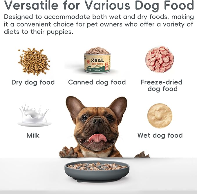 Silicone Slow Feeder Dog Bowl – Gray Bone Pattern | Food-Grade Non-Slip Dog Dish for Anti-Bloat, Fast Eating Prevention, 7.5” x 1.5”, Dishwasher Safe