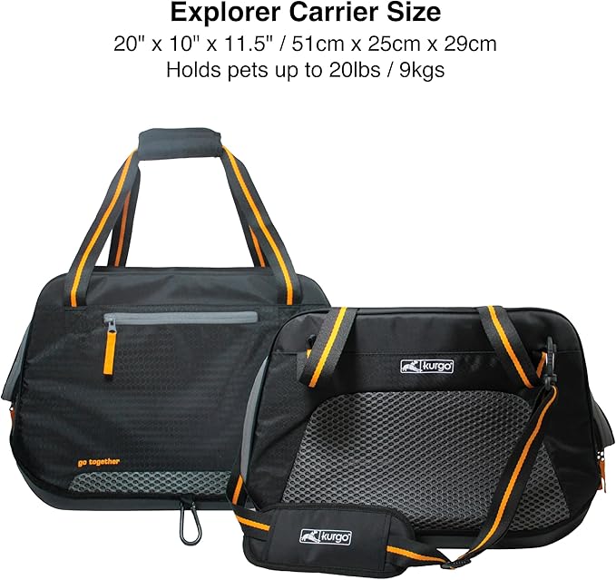 Kurgo Explorer Dog Carrier - Comfortable Carrier for Travel - Water-Resistant Armorsole Base - Airline Compliant - Storage Pocket - for Cats & Small Dogs up to 20 lb - Black/Yellow