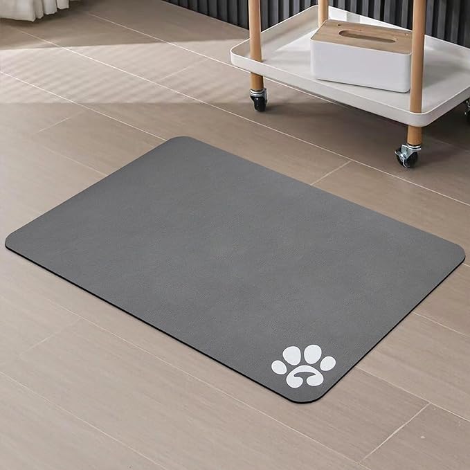 YCT Pet Cat Food Mats - Non Slip Super Absorbent, with Footprints Logo, 24 x 16.9 inches, Dark Gray
