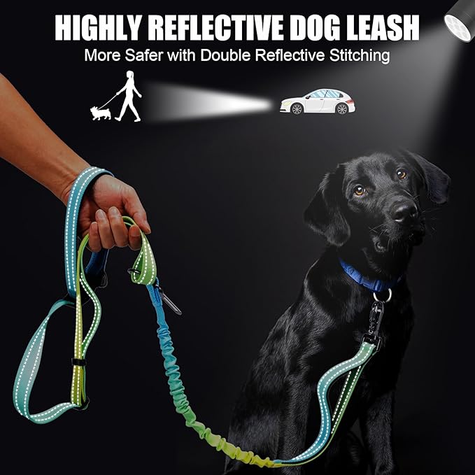 Heavy Duty Hands Free Dog Leash, 5-7 FT Reflective Adjustable Waist Dog Leash Belt with Padded Handles, Shock Absorbing Bungee and Car Seat Belt for Large Medium Dogs (Yellow Blue, XL)