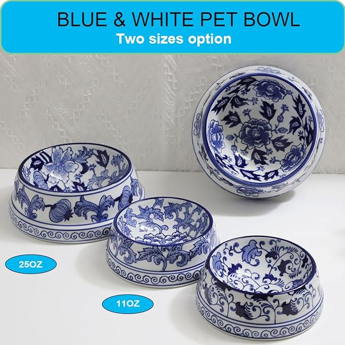 Aimusego Hand-Painted Ceramic Dog Bowl, Pet Bowl, Pretty Blue & White Pet Food Dish, Chinoiserie Floral Water Bowl for Dogs and Cats 11OZ