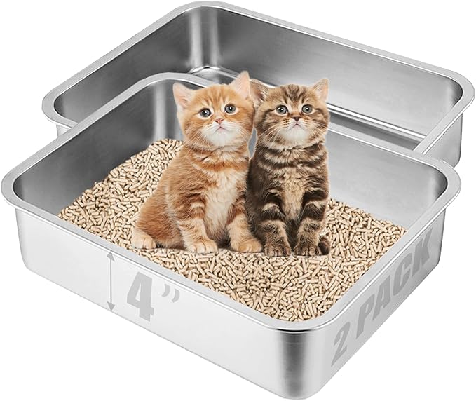 2 Pack Stainless Steel Kitten Litter Box, 17.7"×13.8"×4" Low Entry Cat Litter Box for Small Cat, Kitty Shallow Litterbox for Guinea Pig, Puppy, Hamsters Toilet