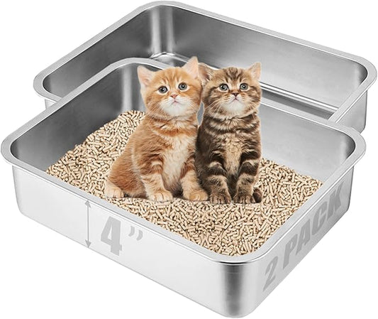 2 Pack Stainless Steel Kitten Litter Box, 17.7"×13.8"×4" Low Entry Cat Litter Box for Small Cat, Kitty Shallow Litterbox for Guinea Pig, Puppy, Hamsters Toilet
