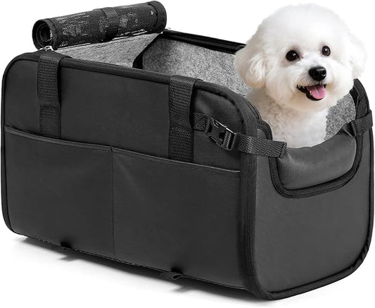 YUDODO Large Dog Car Seat for Center Console (Width＞9.5in) Fits 10-18lbs, Anti-Slip Puppy Cat Travel Portable Booster Seat, Luxury Pet Car Bed Carseat PU Leather Black