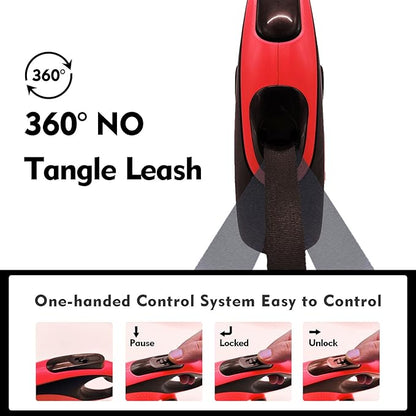 26Ft Retractable Dog Leash with Chew Proof Cable,Heavy Duty Dog Leash with Removable Poop Bags for Medium Large Dogs up to 110lbs,Strong Nylon Tape No Tangle,One-Handed Brake (Red)