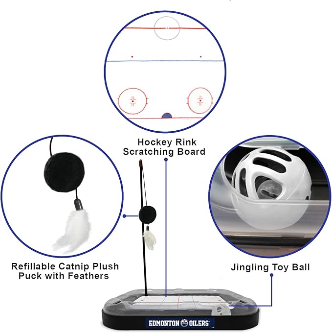 Pets First 5-in-1 NHL Edmonton Oilers Hockey Field Cat Scratcher Toy with Interactive Cat Ball Bell in Tracks