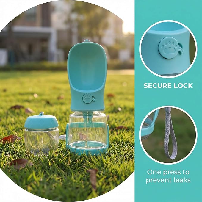 Dog Water Bottle with Food Container Holder, Travel Puppy Drinking Bowl, Portable Pet Water Dispenser, Patented Design, Food Grade Plastic 12 oz Water Bottle+100g Snack cans