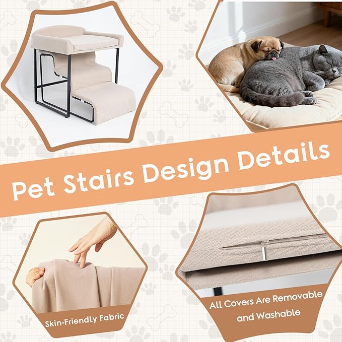 Dog Window Perch with Stairs for Dogs to get on Bed 3-Step Pet Ramp for High Beds Non-Slip Washable Cover The Sturdy Iron Frame with Ideal for Small Dogs Cats Senior Pets with Joint Issues