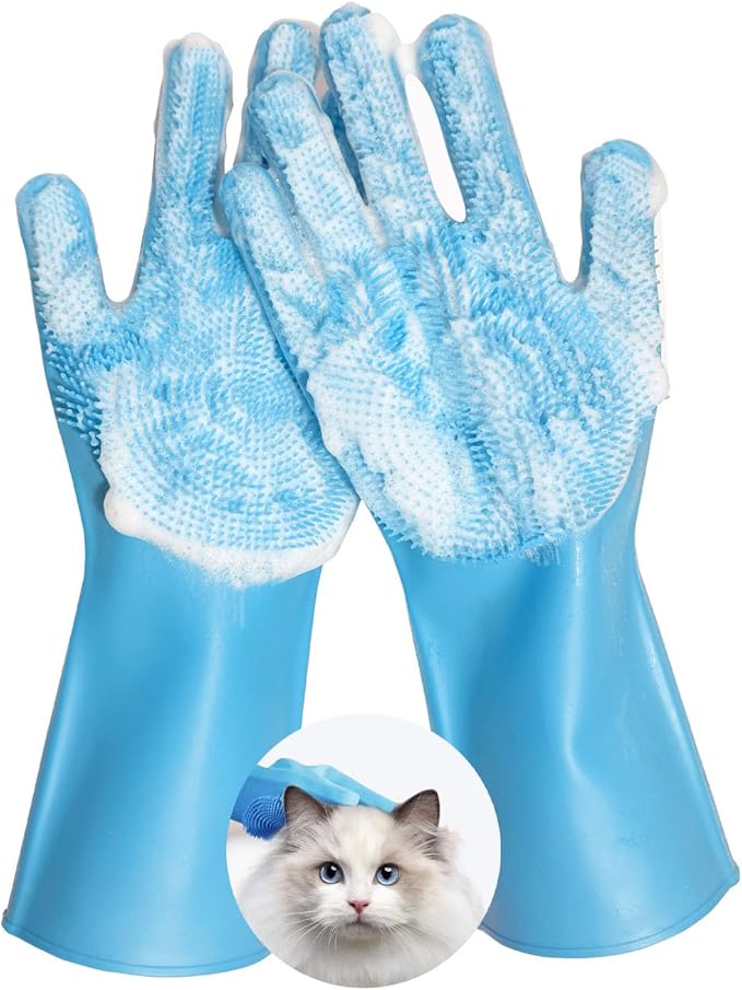 Pet Grooming Gloves Bite-Resistant Pet Bathing Gloves with Anti-Slip Particles, Wet and Dry Use, Safe for All Ages. Great as Dog Brush Glove and Cat Gloves for Grooming