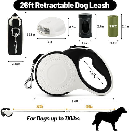26ft Heavy Duty Retractable Dog Leash for Large Dogs, Dog Leash with Poop Bag Holder, Up to 100lbs, with LED Light, Chew Proof Cable, One-Handed Pause & Lock, 360° No Tangle. (White, 26Ft)
