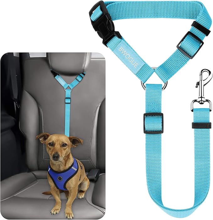 BWOGUE Pet Dog Cat Seat Belts, Car Headrest Restraint Adjustable Safety Leads Vehicle Seatbelt Harness (1 Pack, Blue, Not Elastic)