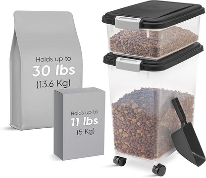 IRIS USA Dog Food Storage Container 30 lb + 11lb Airtight Combo, Stackable Pet Food Storage Bin with Wheels for Cat Dog Food, BPA Free, Made in USA, Black