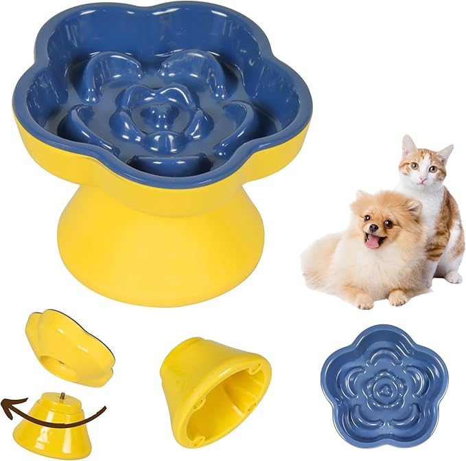 Detachable Slow Feeder Cat Bowl, Unbreakable Elevated Cat Bowls - Heavy Weighted, Non-Slip Raised Slow Feeder, Tilted Small Dogs Slow Feeders Bowl, Dry & Wet Food, Whisker Friendly (Blue, 5.8"