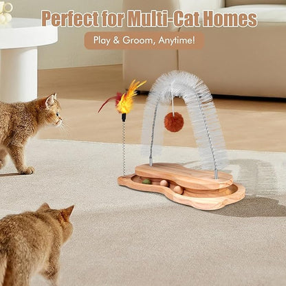 Cat Self Groomer, Cat Brushes for Indoor Cats Self Grooming Face Back Scratcher Rubbing Arch Post Corner Massager w/ Kitten Interactive Catnip Ball Track Toy Must Haves for Chasing Hunting Exercise