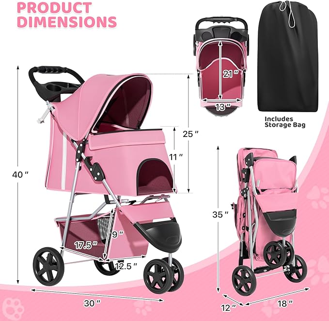 Magshion 3-Wheel Pet Stroller, Foldable Travel Jogger for Small & Medium Dogs & Cats (Up to 33lbs), Lightweight Carrier with Breathable Mesh Cover, Cup Holder & Storage Basket, Pink