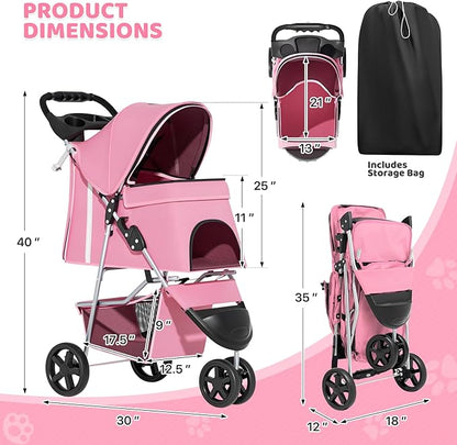 Magshion 3-Wheel Pet Stroller, Foldable Travel Jogger for Small & Medium Dogs & Cats (Up to 33lbs), Lightweight Carrier with Breathable Mesh Cover, Cup Holder & Storage Basket, Pink