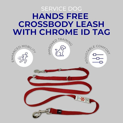 ActiveDogs Hands Free Dog Leash Crossbody 7ft - Premium Service Leash With Chrome 'Service Dog Do Not Pet' Tag - Strong 3/4" Nylon, Double Stitched, Red