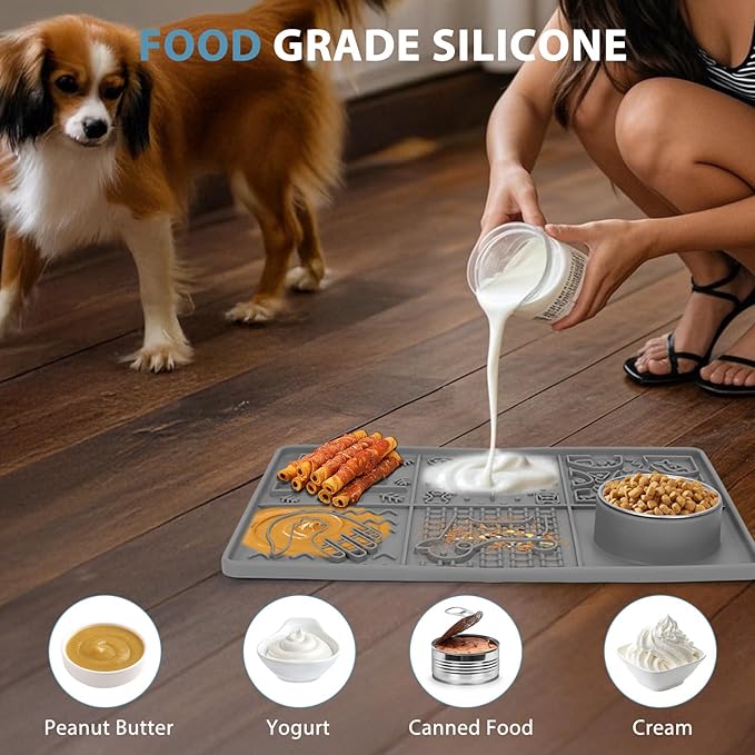Lick Mat for Dogs Large Breed,Silicone Dog Licking Pad with Strong Suction Cups&Stainless Steel Bowl for Dog Anxiety Relief,Dogs Enrichment Toys for Bathing,Grooming,Training Grey