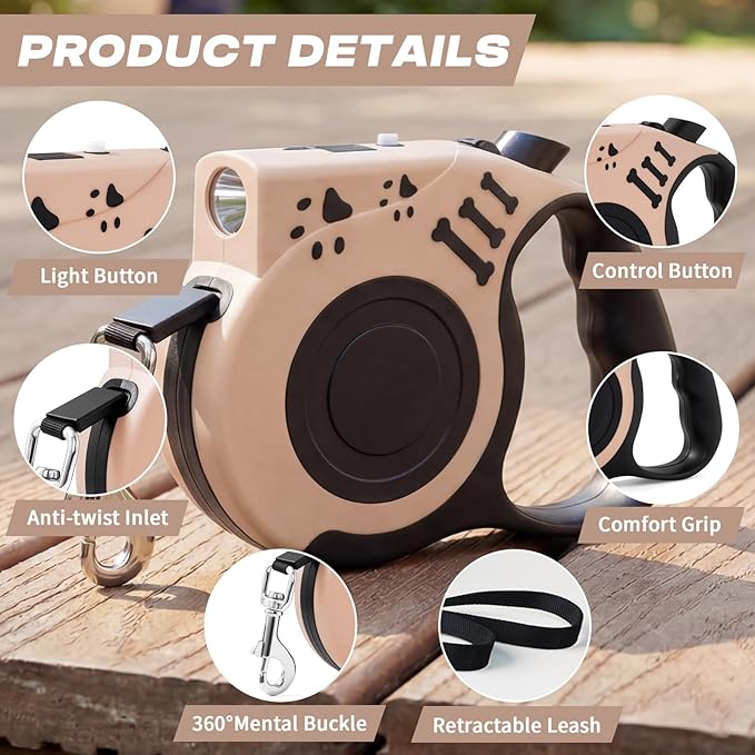 Retractable Dog Leash with USB Rechargeable Flashlight for Night Walks, 16FT Automatic Telescopic Tractor Dog Leash for Small and Medium Dogs, Beige