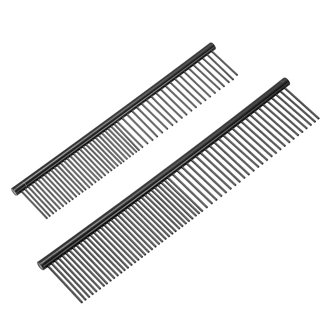 Dog Cat Comb, Pet Combs Stainless Steel Teeth with Rounded Ends for Knots Mats Loose Hair Removal, 6.5/7.5IN (Black Coated, 2 Pack), Grooming Tool Intended for Long Curly Hair Pet