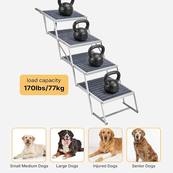 Veehoo Extra Wide Dog Steps for Car Truck SUV Foldable, 4 Steps Lightweight Aluminum Dog Stairs for Injured Senior Large Dogs 20" Wide, Folding Pet Ramp Ladder with Non Slip Surface, up to 170lbs