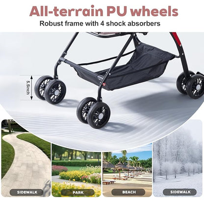 4 Wheels Pink Foldable Pet Stroller with Storage Basket, Cup Holder & Breathable Mesh for Small/Medium Dogs and Cats