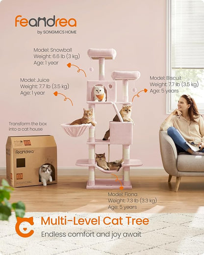 Feandrea Cat Tree, 66.1-Inch Large Cat Tower, Multi-Level Plush Condo with 13 Scratching Posts, 2 Perches, 2 Caves, Basket, Hammock, Pompoms, Jelly Pink UPCT165P01