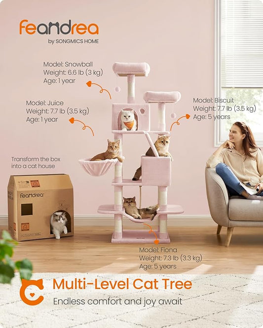 Feandrea Cat Tree, 66.1-Inch Large Cat Tower, Multi-Level Plush Condo with 13 Scratching Posts, 2 Perches, 2 Caves, Basket, Hammock, Pompoms, Jelly Pink UPCT165P01