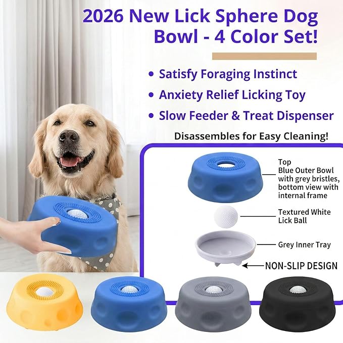 Lick Ball for Dogs - Slow Feeder Dog Bowls with Lick Ball, Anxiety Relief Licking Toy, Non-Slip Dog Lick Bowl Treat Dispenser for Dogs & Cats - Grey