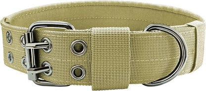 Heavy Duty Dog Collar for Large Dogs, Tactical Dog Collars with Metal Buckle & D Ring, 1.5" Width Thick Adjustable Nylon Collar for Medium Dogs, Khaki/L