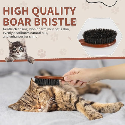 Wooden Cat Brush and Comb, Cat Hair Brush with Nautral Boar Bristle for Reduce Shedding and Keep Healty Shine, Daily Pet Grooming Tool for Dogs & Cats