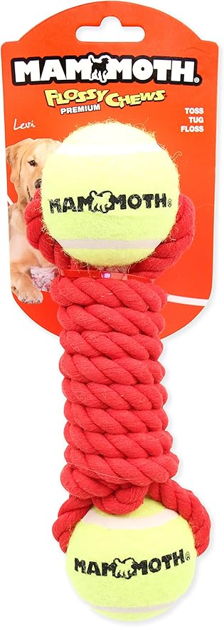Mammoth Flossy Chews Twister Rope Toy with Tennis Balls Premium Cotton-Poly Tug Toy for Dogs Interactive Dog Tug Toy Rope Dog Toy with Tennis Balls for Small to Medium Dogs Medium 9" - Assorted Colors