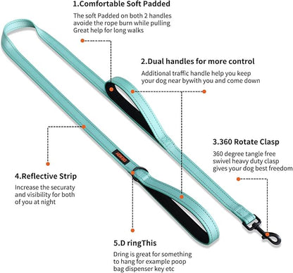 Heavy Duty Dog Leash with 2 Handles - 6ft Reflective Anti-Pull Leash for Large Dogs, Padded Traffic Handle for Control, Durable Nylon Training Lead (Black)