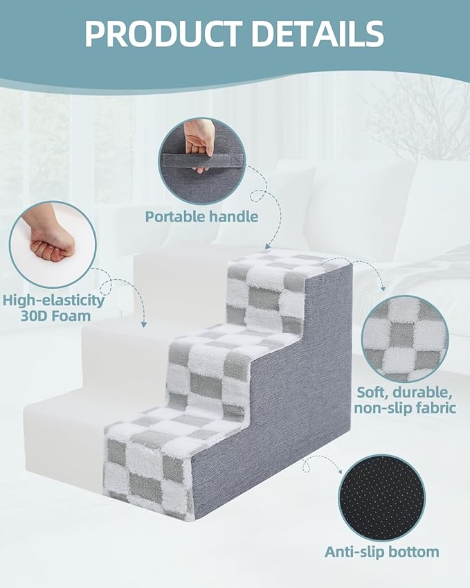 KSIIA Dog Stairs for Small Dogs & Cats Pet Stairs Supportive 3-Tier Pet Steps for Bed Couch Sofa Chair, No-Slip Cat Steps with Removable Washable Cover, 18" D x 15" W x 13" H, Grey
