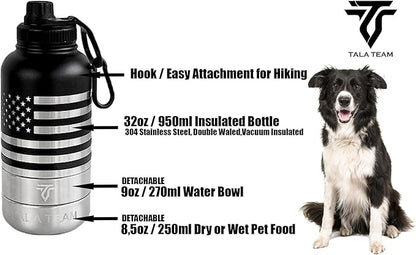 Insulated Dog Water Bottle Portable (32oz) - Dog Travel Water Bottle with a Hook for Hiking & 2 Bowls Attached. Pet Travel Accessories, Puppy Essentials, Portable Pet Dispenser.