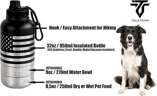Insulated Dog Water Bottle Portable (32oz) - Dog Travel Water Bottle with a Hook for Hiking & 2 Bowls Attached. Pet Travel Accessories, Puppy Essentials, Portable Pet Dispenser.
