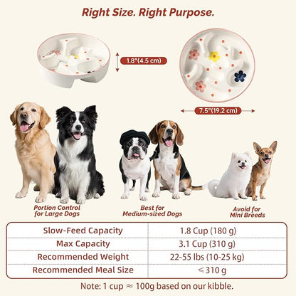 Ceramic Slow Feeder Dog Bowl - Portion Control Feeding Bowl for Medium Dogs – Cute Maze Food Dish for Fast Eaters - 3.1 Cups (310 g) - Doodle Series (Petal)